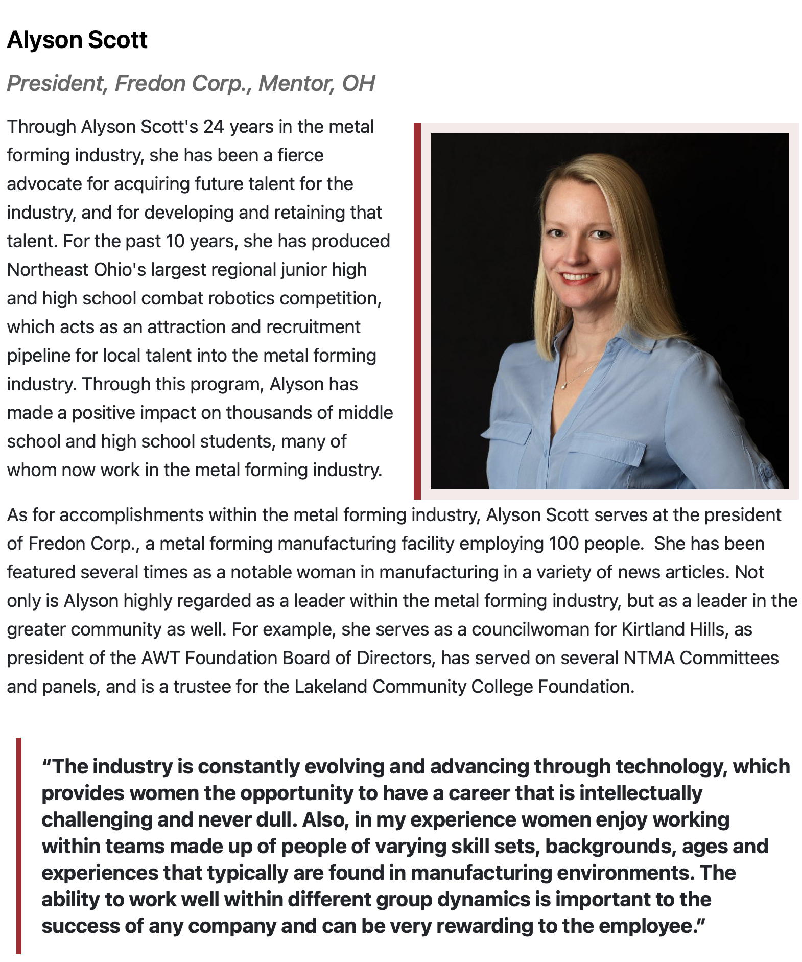 alyson-scott-2020-Women-in-Excellence Article on President Alyson Scott included in list of 2020 Women of Excellence in Metal Forming & Fabricating.